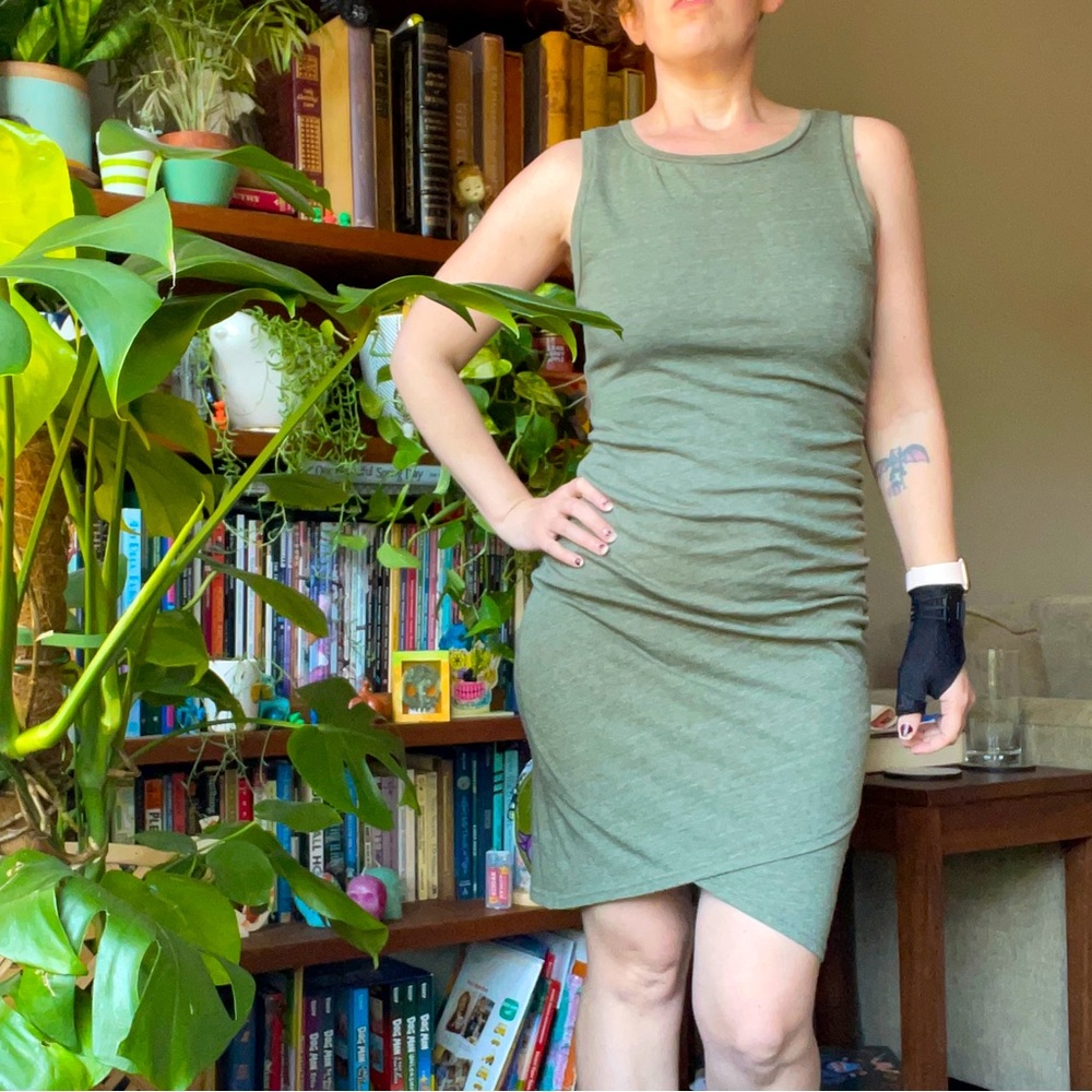 Leith tshirt dress surplice hem ruched waist army green